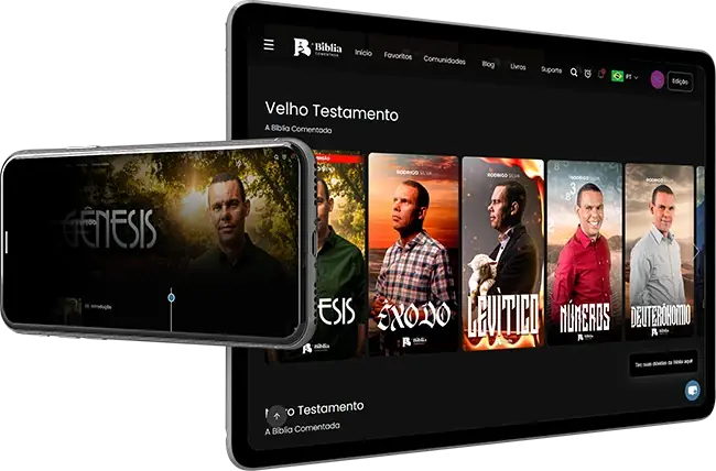 Mockup exibindo os módulos do Velho Testamento na plataforma A Bíblia Comentada