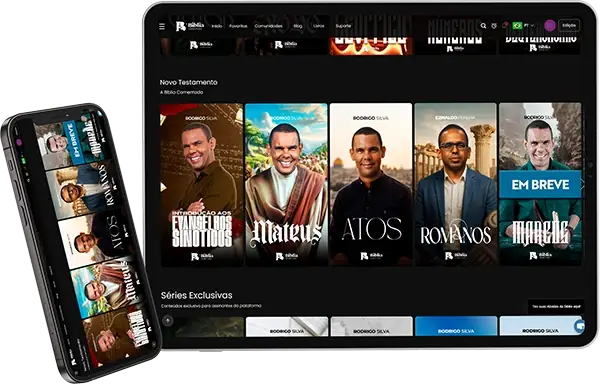 Mockup exibindo os módulos do Novo Testamento e séries exclusivas da plataforma A Bíblia Comentada
