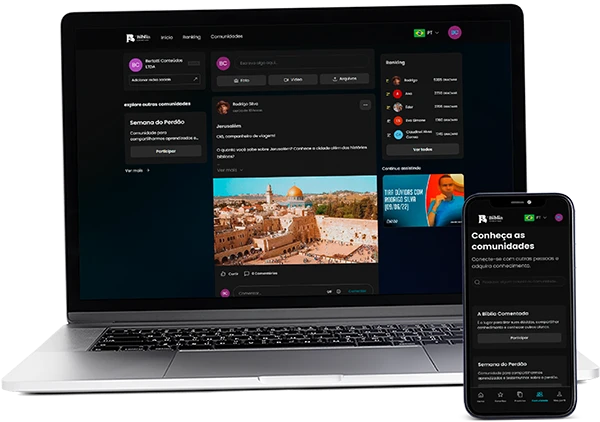 Comunidade A Bíblia Comentada e ambiente de estudos em notebook e celular